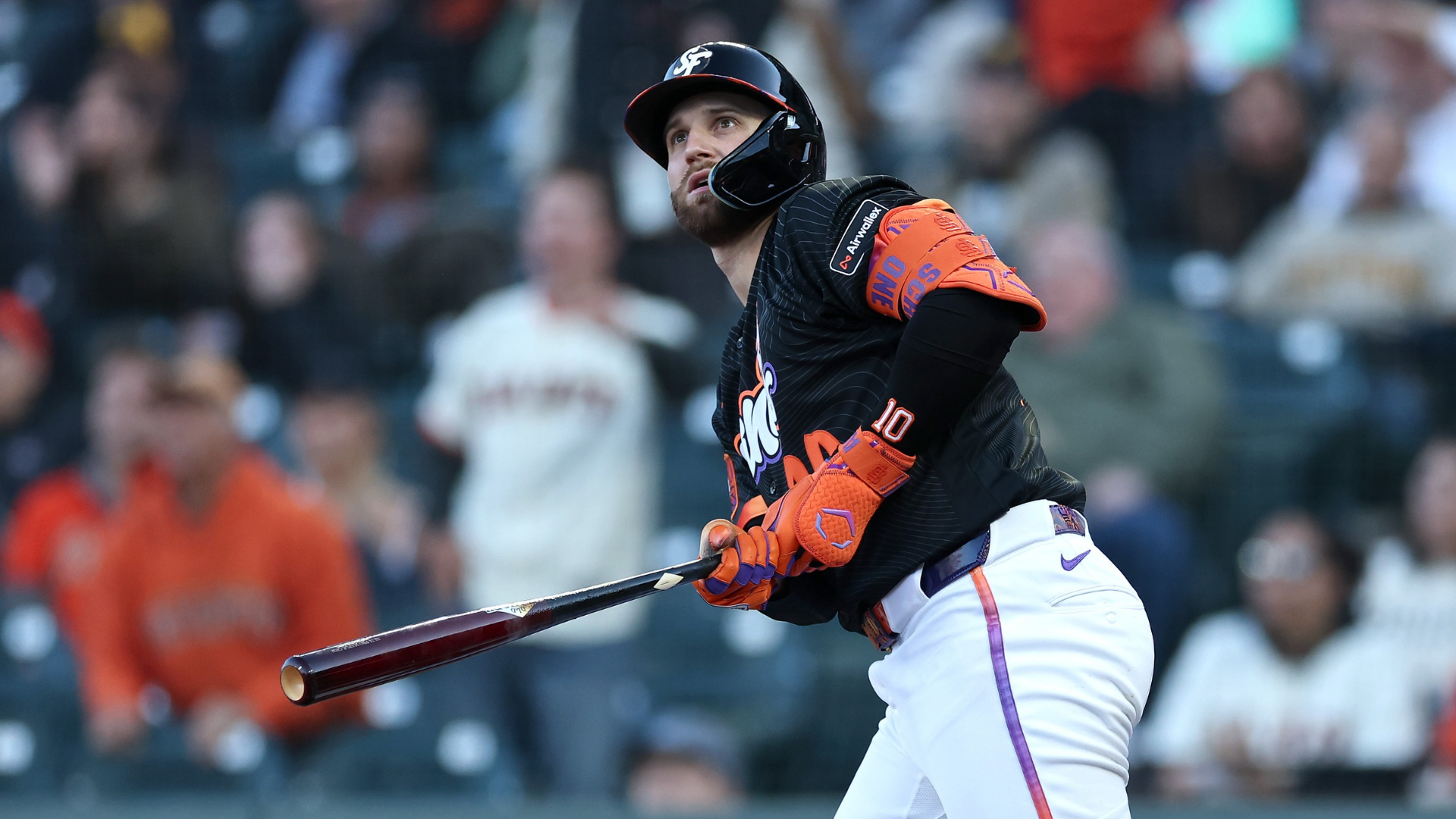 Casey Schmitt #10 of the San Francisco Giants hits a two-run home run against the San Diego Padres in the first inning at Oracle Park on May 05, 2026 in San Francisco, California. (Photo by Ezra Shaw/Getty Images)