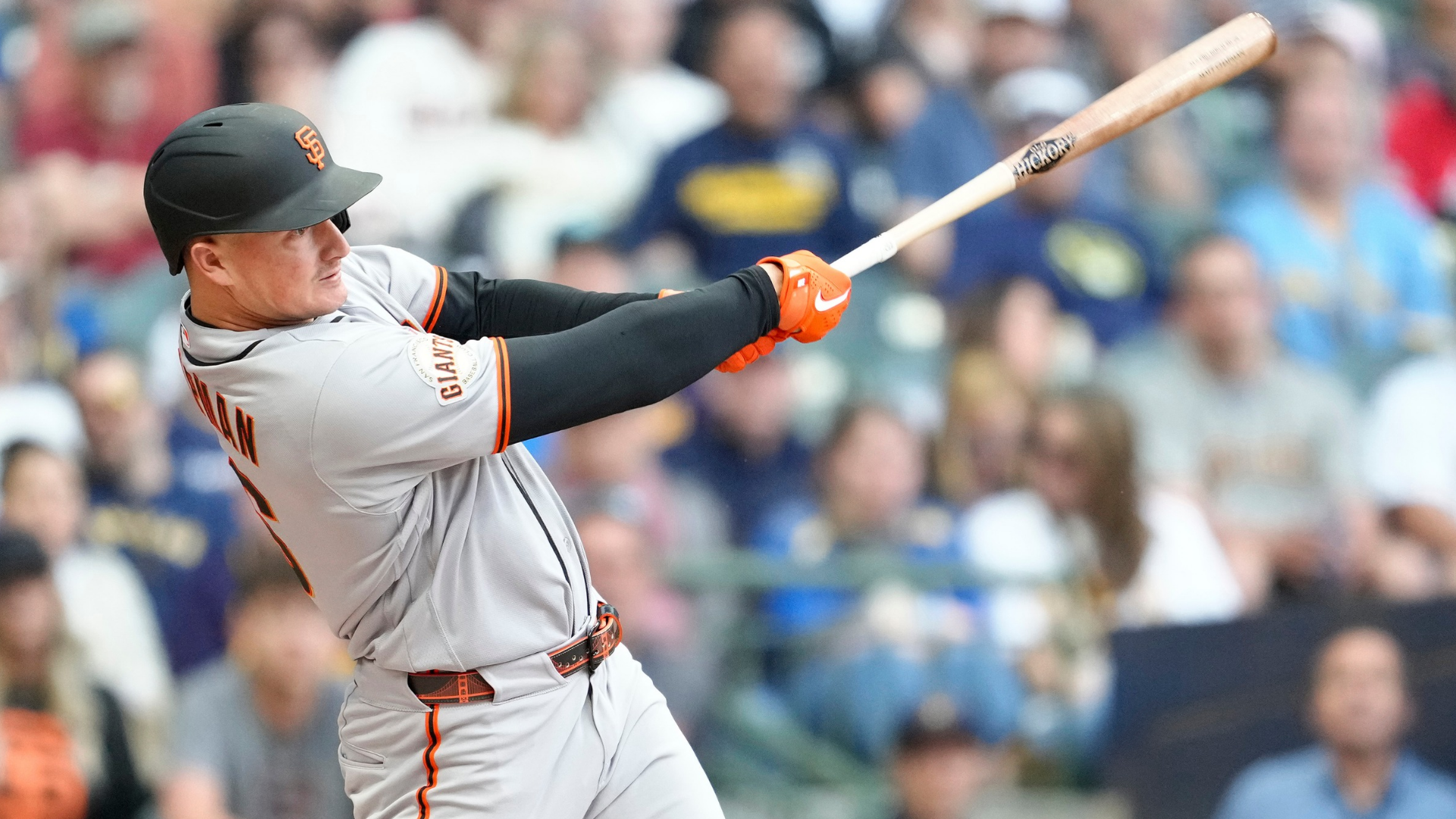 Matt Chapman #26 of the San Francisco Giants hits a two-run home run against the Milwaukee Brewers during the second inning at American Family Field on June 01, 2026 in Milwaukee, Wisconsin. (Photo by Patrick McDermott/Getty Images)