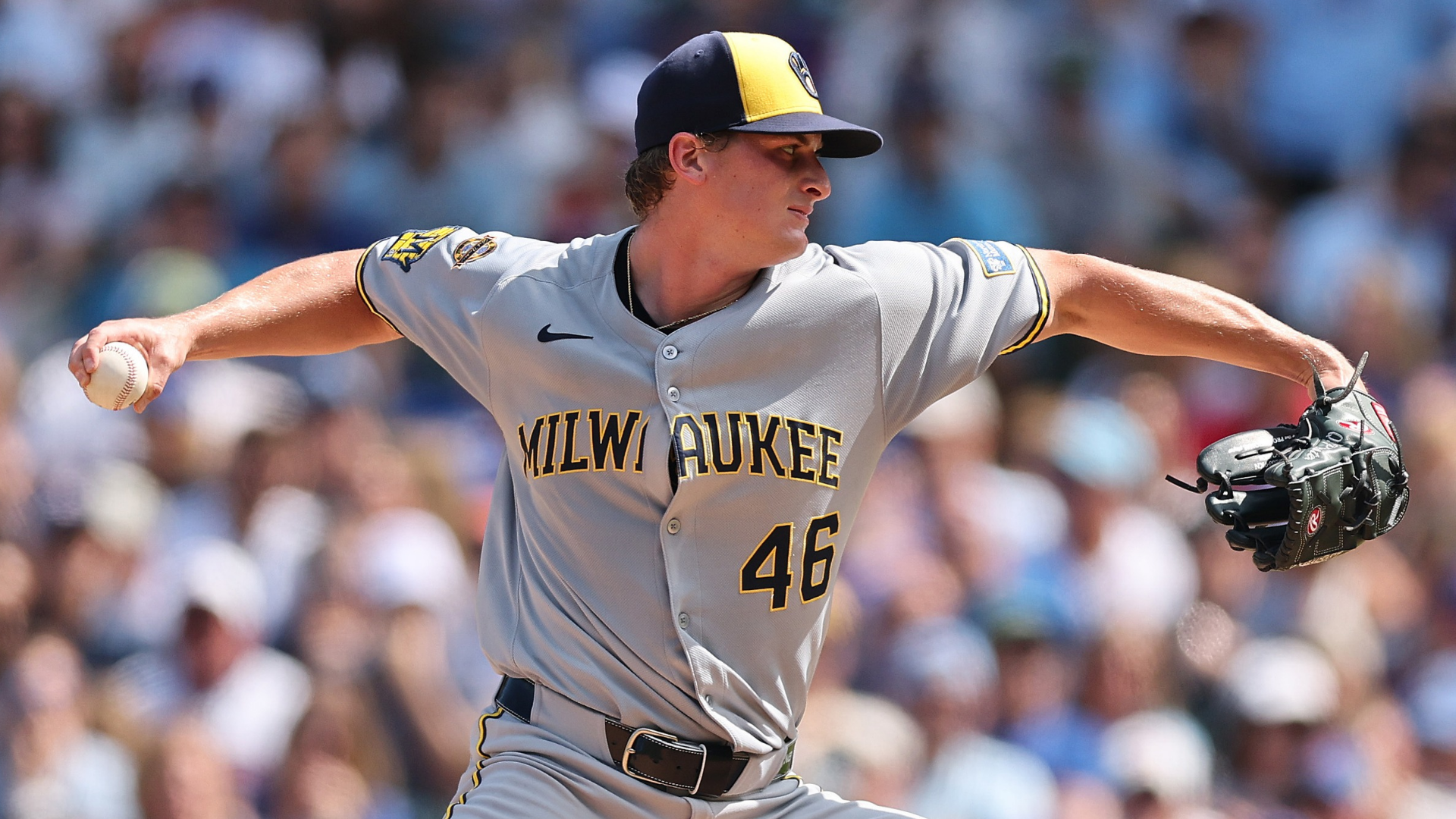 Quinn Priester #46 of the Milwaukee Brewers delivers a pitch against the Chicago Cubs at Wrigley Field on August 21, 2025 in Chicago, Illinois. (Photo by Michael Reaves/Getty Images)