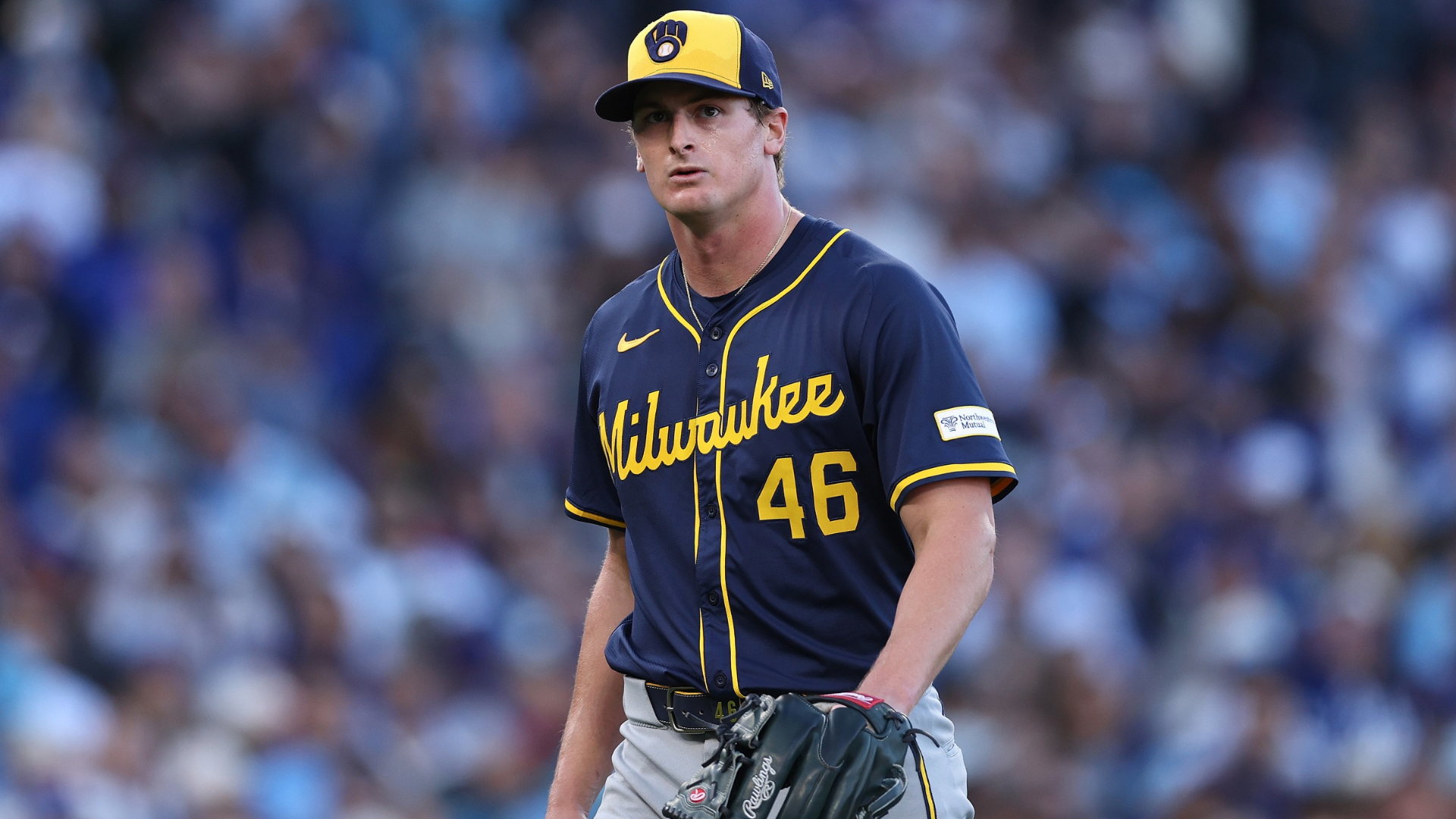 Quinn Priester #46 of the Milwaukee Brewers reacts after being removed from the game against the Chicago Cubs during the first inning in game three of the National League Division Series at Wrigley Field on October 08, 2025 in Chicago, Illinois. (Photo by Michael Reaves/Getty Images)