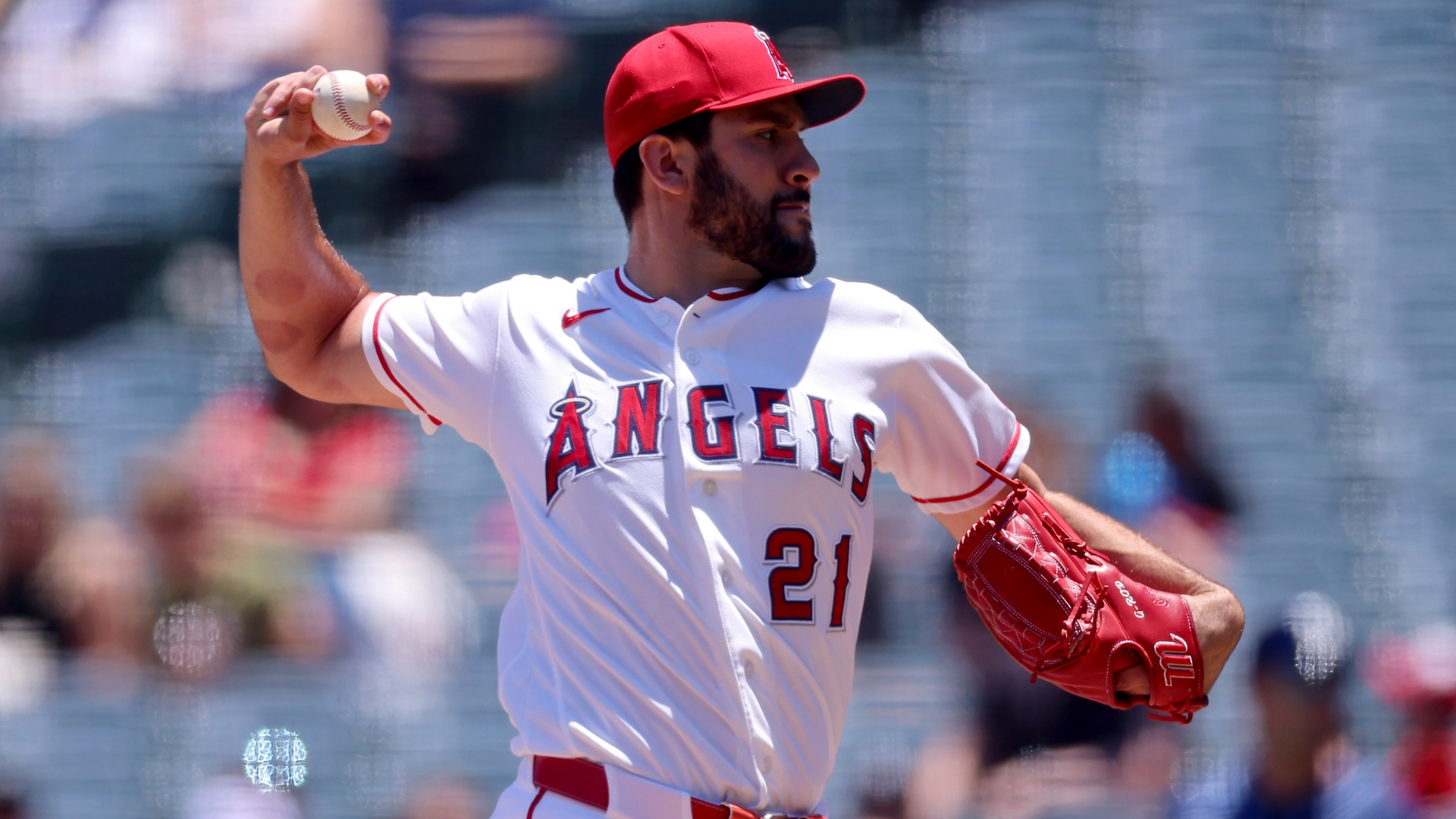 Grayson Rodriguez #21 of the Los Angeles Angels pitches during the first inning against the Tampa Bay Rays at Angel Stadium of Anaheim on June 14, 2026 in Anaheim, California. (Photo by Katelyn Mulcahy/Getty Images)