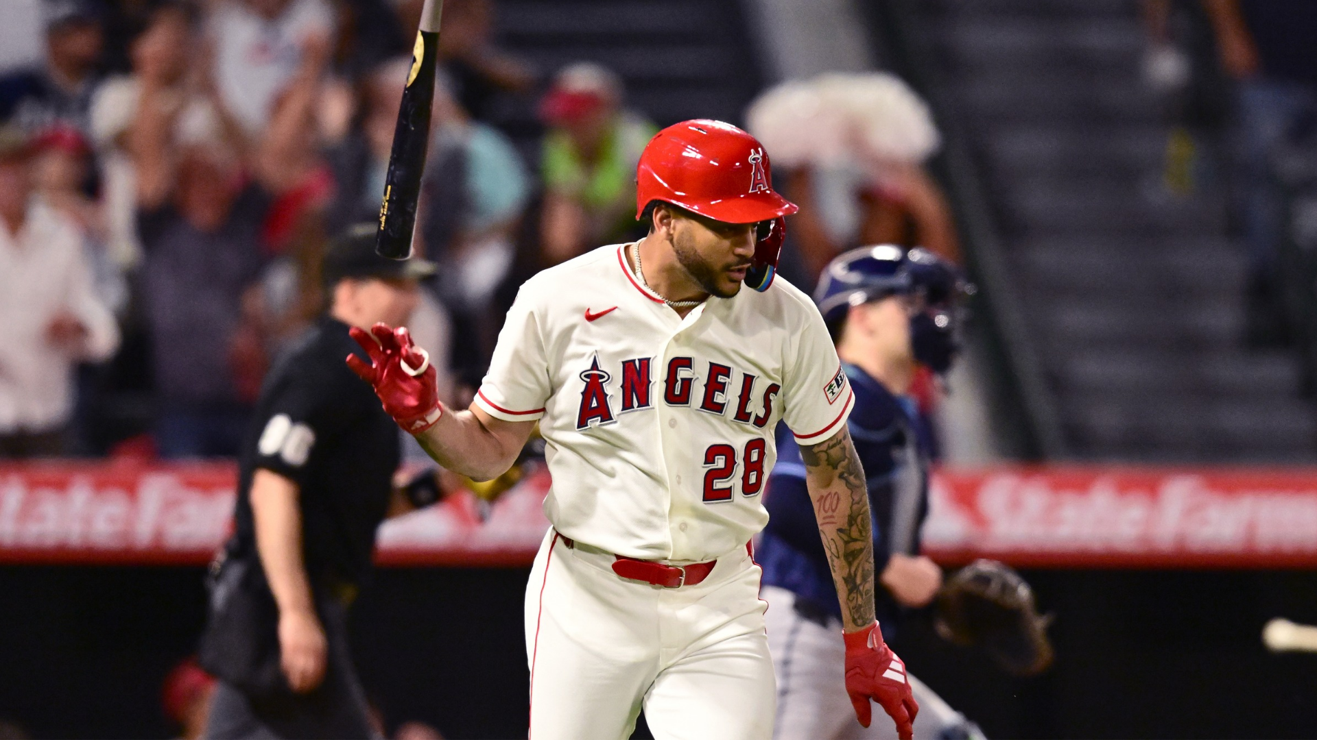 Jose Siri #28 of the Los Angeles Angels flips his bat after hitting a home run in the seventh inning against the Tampa Bay Rays at Angel Stadium of Anaheim on June 13, 2026 in Anaheim, California. (Photo by John McCoy/Getty Images)