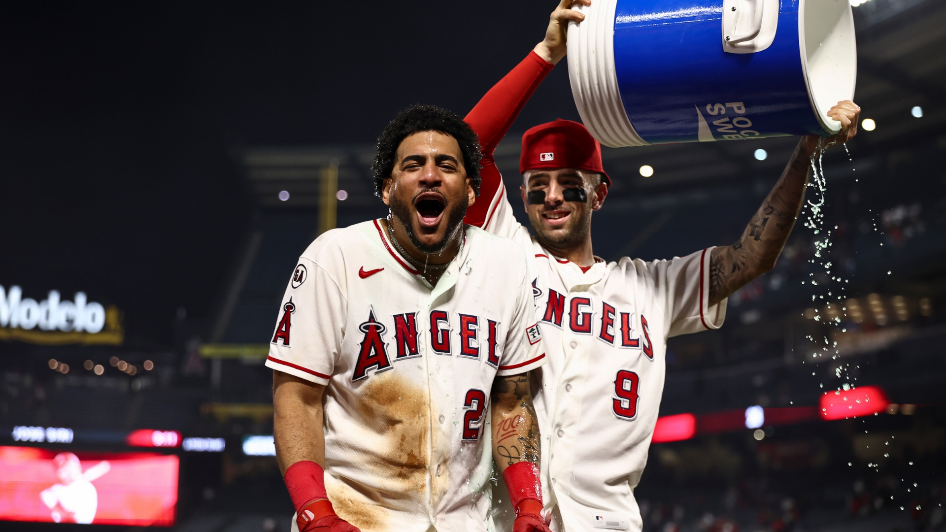 Jose Siri #28 of the Los Angeles Angels reacts after getting doused with sports drink by Zach Neto #9 after a 3-2, 10 inning win against the Houston Astros at Angel Stadium of Anaheim on June 10, 2026 in Anaheim, California. (Photo by Melina Pizano/Getty Images)