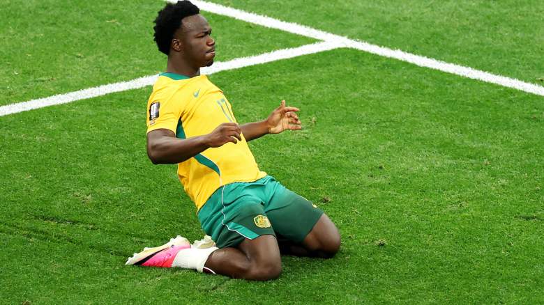 Nestory Irankunda #17 of Australia celebrates scoring.
