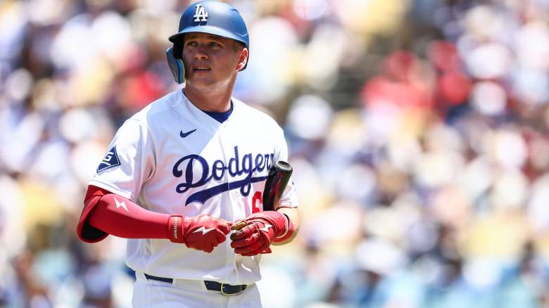 Los Angeles Dodgers rookie outfielder Ryan Ward prepares for an at-bat during a major league game in 2026.