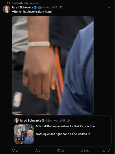 Close-up image of Mitchell Robinson's right hand as he arrives at Knicks practice before the NBA Finals.c