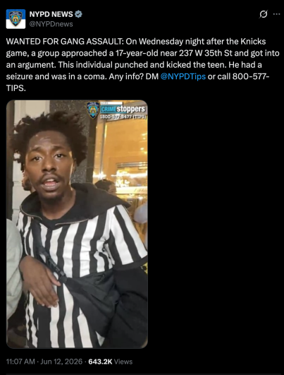 Screenshot of an NYPD News social media post showing a photo of a suspect wanted in an alleged gang assault near Madison Square Garden after Game 4 of the NBA Finals that left a 17-year-old hospitalized.