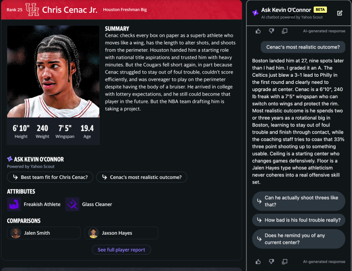 Yahoo Sports draft board profile of Houston center Chris Cenac showing his measurements, scouting report and post-draft projection after being selected by the Boston Celtics.