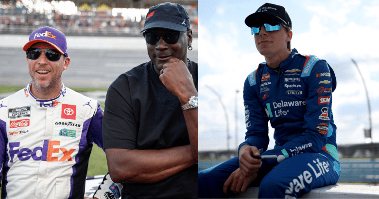 Denny Hamlin and Michael Jordan of 23XI Racing alongside NASCAR Cup Series driver Carson Hocevar after being named to TIME's TIME100 Sports list.