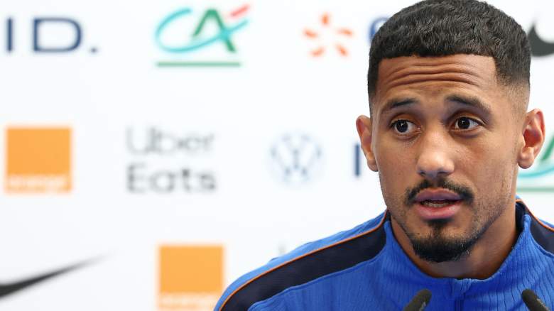 France's defender #17 William Saliba gives a press conference.