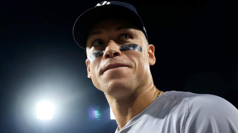 Aaron Judge #99 of the New York Yankees celebrates his 300th career home run.