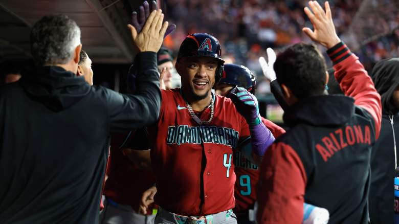 Arizona Diamondbacks second baseman Ketel Marte celebrates in the Diamondbacks dugout after homering against the San Francisco Giants at Oracle Park.