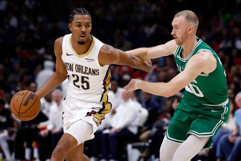 New Orleans Pelicans forward Trey Murphy III during an NBA game amid continued trade speculation involving the Boston Celtics.