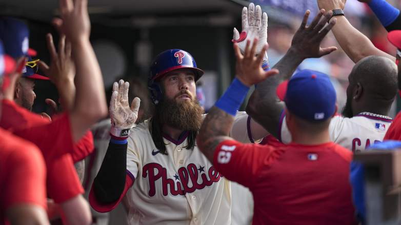 Philadelphia Phillies outfielder Brandon Marsh celebrates in the dugout after homering against the Chicago White Sox at Citizens Bank Park on June 6, 2026.