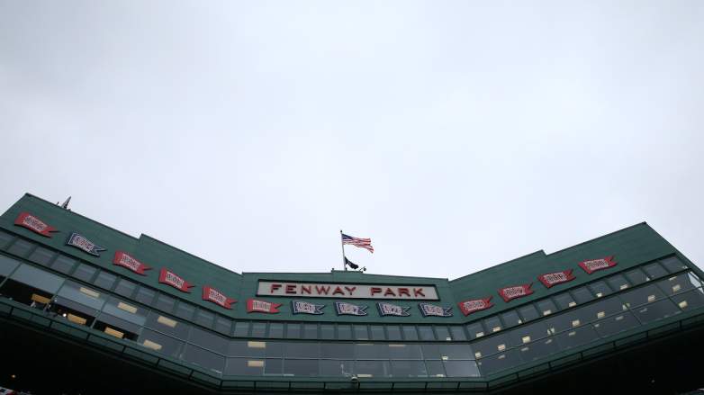 A general view of Fenway Park with the 9 World Series pennant logos.