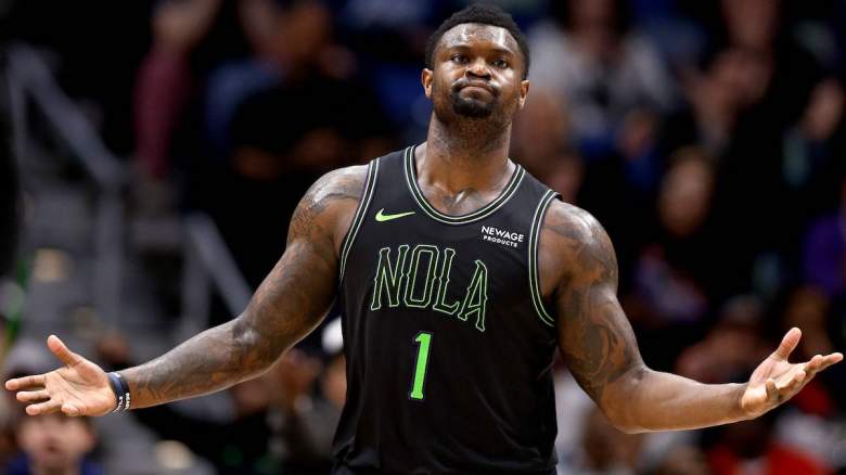Zion Williamson #1 of the New Orleans Pelicans reacts.