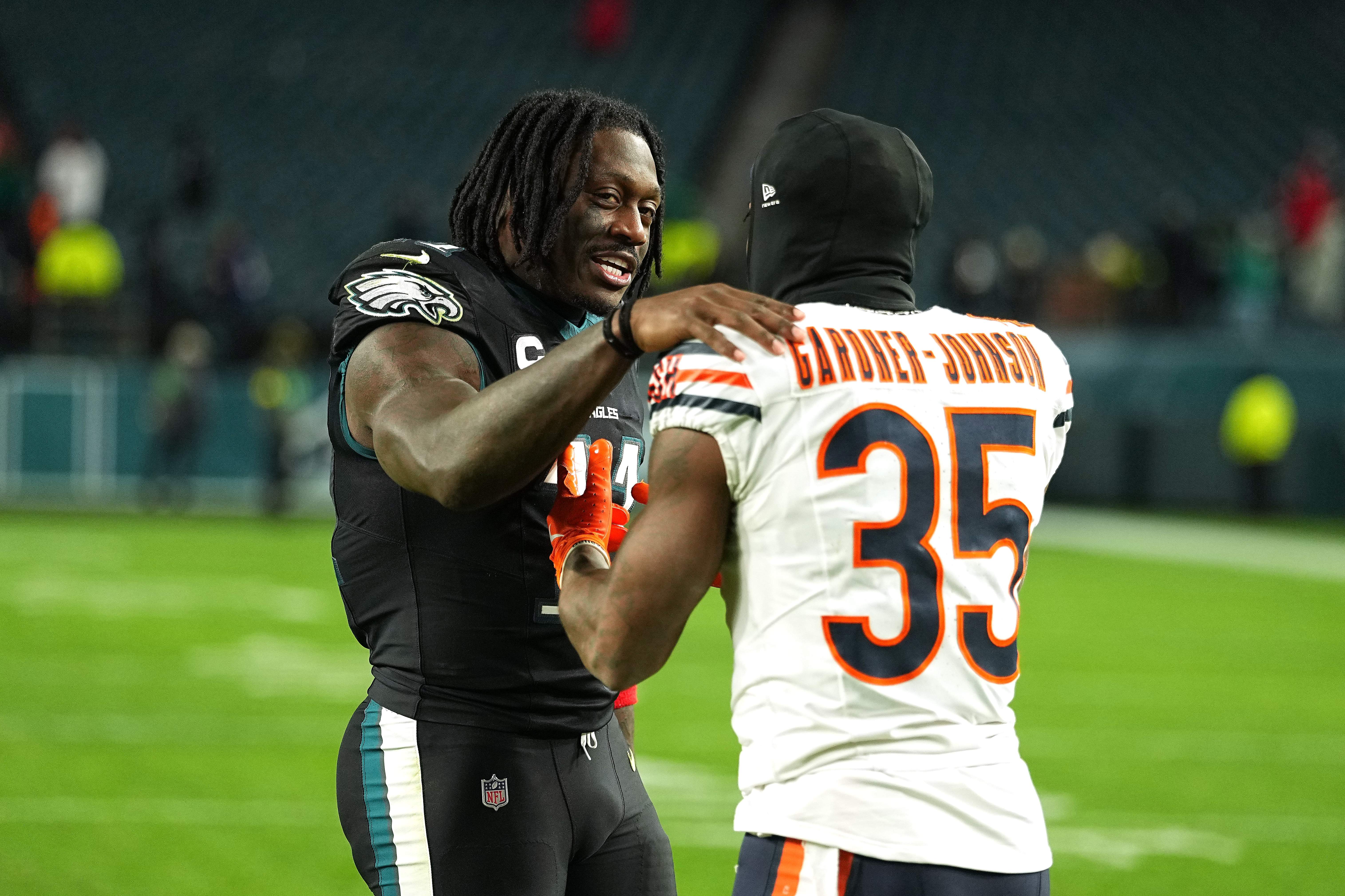 Bills S C.J. Gardner-Johnson with the Bears, speaking to then-Eagles WR A.J. Brown