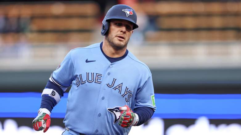 Toronto Blue Jays center fielder Daulton Varsho hits a home run against the Minnesota Twins at Target Field on April 30, 2026.