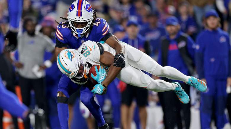 Dorian Strong makes a tackle.