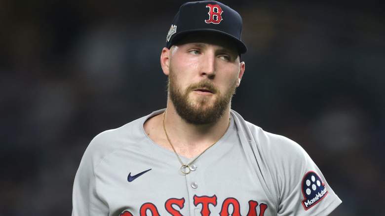 Garrett Crochet #35 of the Boston Red Sox reacts.