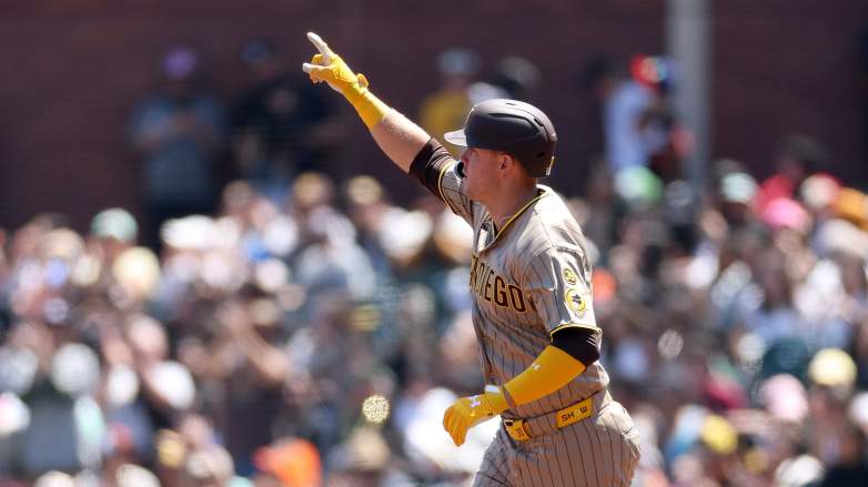 San Diego Padres slugger Gavin Sheets celebrates a home run at Oracle Park on May 6, 2026.