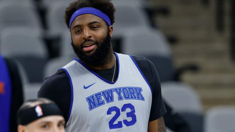 Mitchell Robinson #23 of the New York Knicks watches practice.