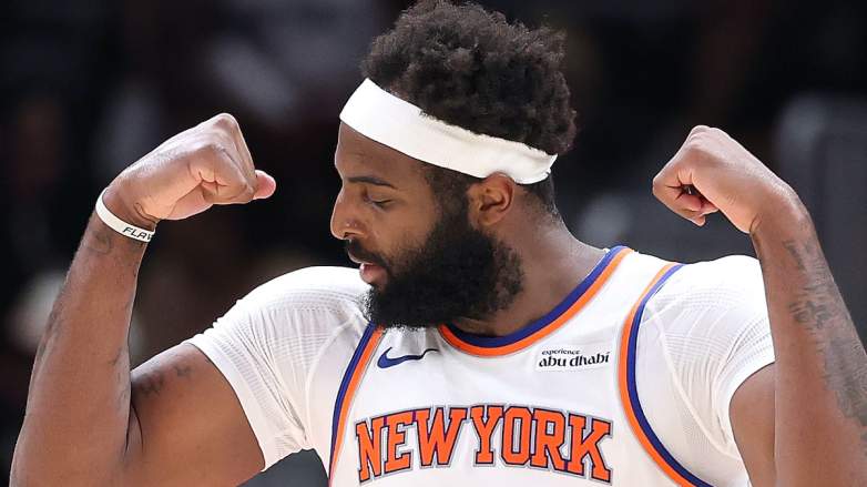Mitchell Robinson #23 of the New York Knicks reacts after a basket.
