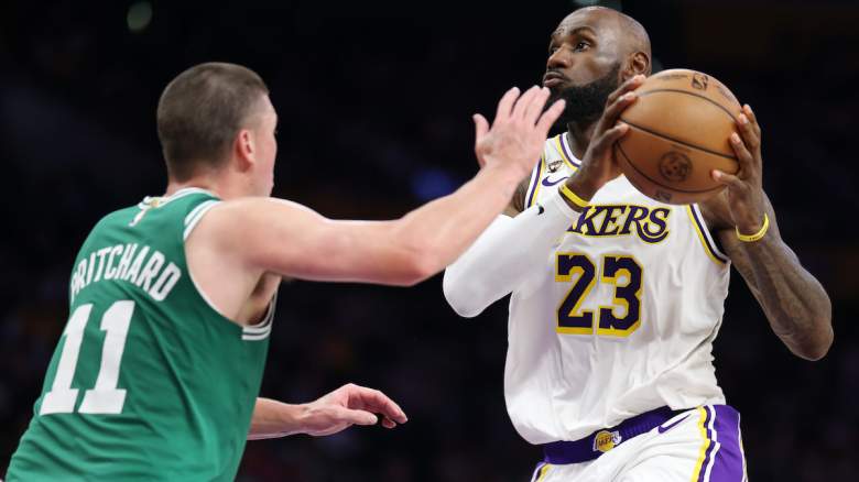 LeBron James #23 of the Los Angeles Lakers protects the ball.