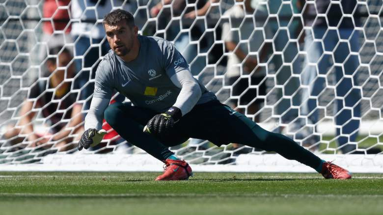 Goalkeeper Mathew Ryan #1 of Australia warms up.