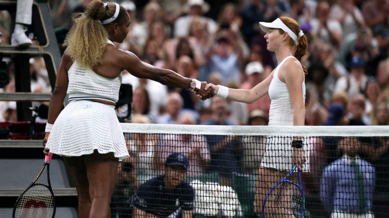 Serena Williams of United States and Maya Joint of Australia interact.