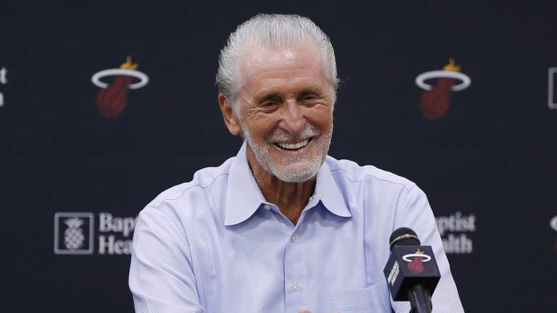 Miami Heat president Pat Riley smiles during press conference as the team evaluates veteran free-agent options during the 2026 offseason.