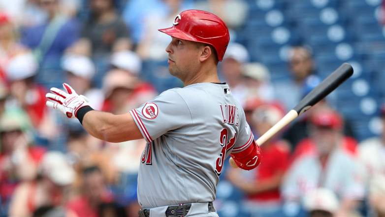 Cincinnati Reds first baseman Nathaniel Lowe bats against the Philadelphia Phillies at Citizens Bank Park.