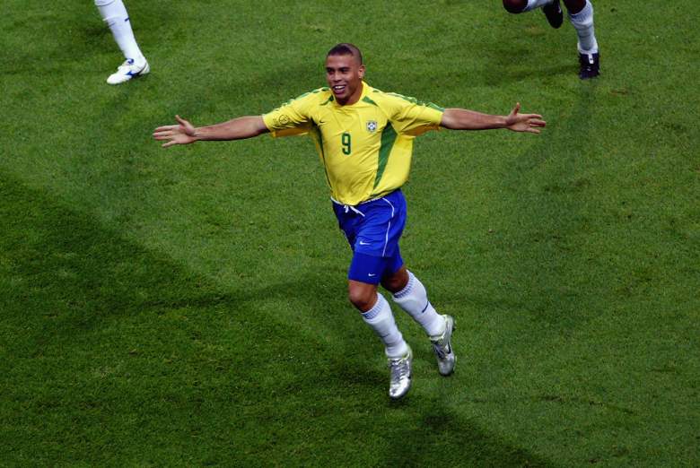 Ronaldo of Brazil celebrates scoring the winning goal