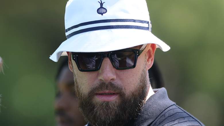 Travis Kelce is seen near the 14th green during the second round of the 2026 Masters.