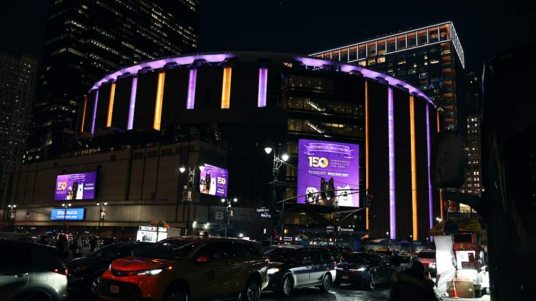 Exterior shot of Madison Square Garden at night.