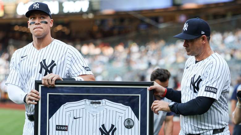 New York Yankees outfielder Aaron Judge and manager Aaron Boone