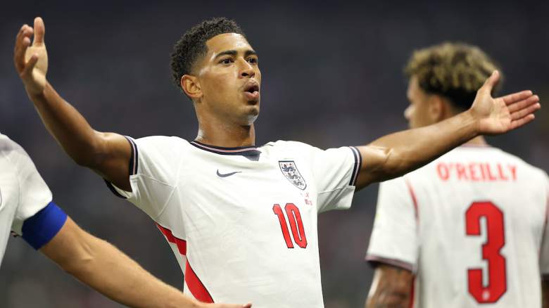 Jude Bellingham #10 of England celebrates scoring his team's first goal.