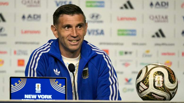 Argentina's goalkeeper #23 Emiliano Martinez gives a press conference at the Javits Center in New York on July 17, 2026