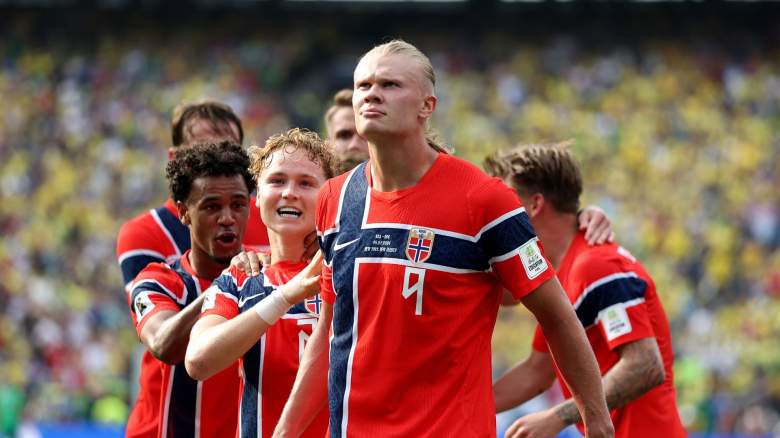 Erling Haaland #9 of Norway celebrates with teammates after scoring his team's first goal during the FIFA World Cup 2026 Round of 16 match between Brazil and Norway at New York New Jersey Stadium on July 05, 2026