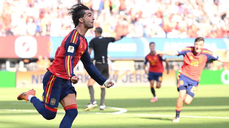 Ferran Torres #7 of Spain celebrates scoring his team's first goal during the FIFA World Cup 2026 Final match between Spain and Argentina at New York New Jersey Stadium on July 19, 2026 in East Rutherford, New Jersey.
