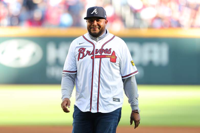 Former Atlanta Braves Andruw Jones preparing to throw the ceremonial first pitch during a game