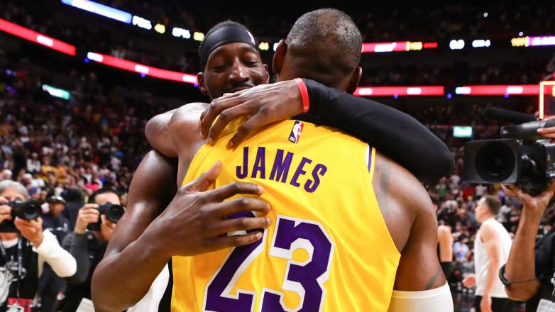 Miami Heat center Bam Adebayo embraces LeBron James after a game between the Miami Heat and Los Angeles Lakers.