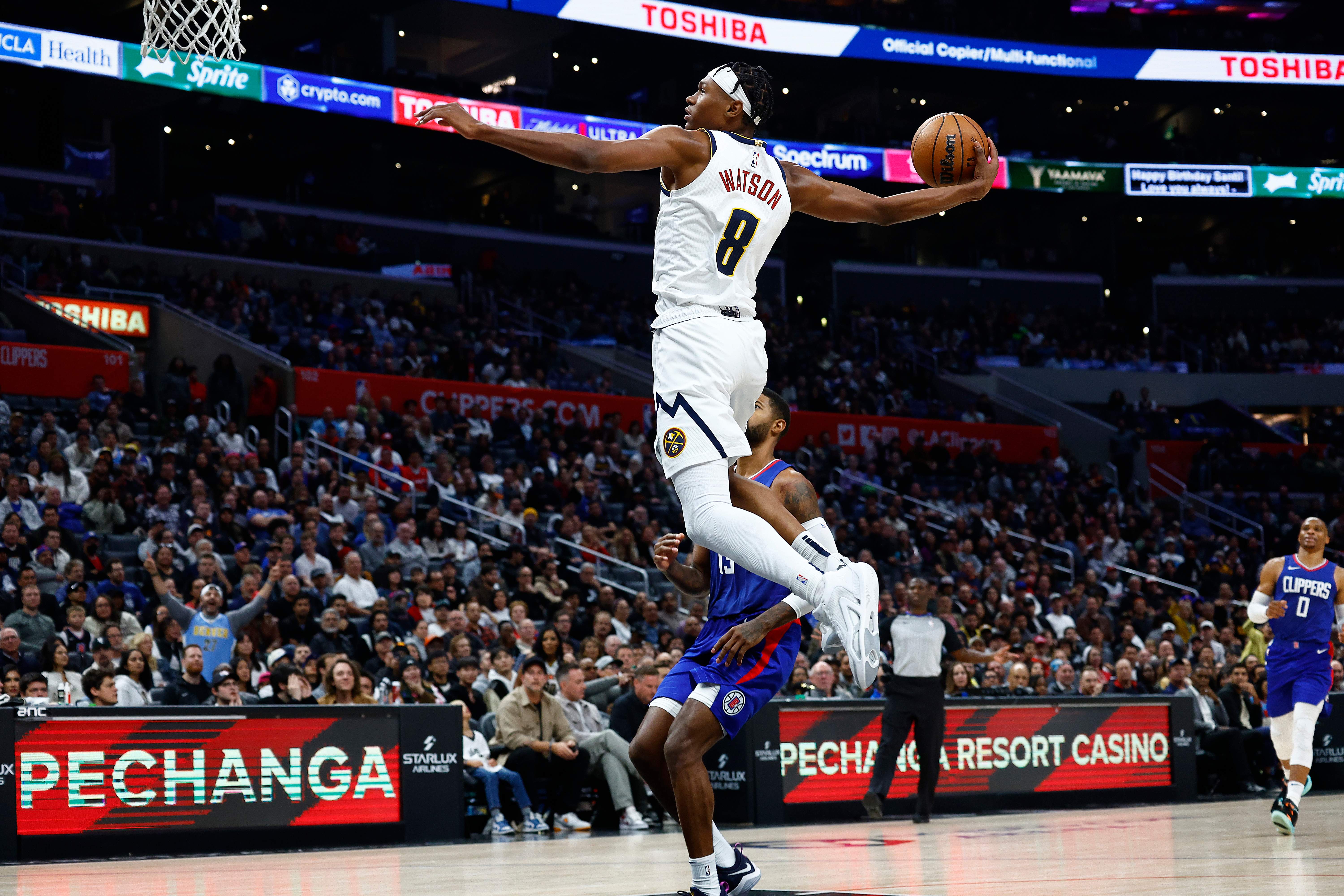 Denver Nuggets forward Peyton Watson during an NBA game as the Los Angeles Clippers continue to monitor his restricted free agency.