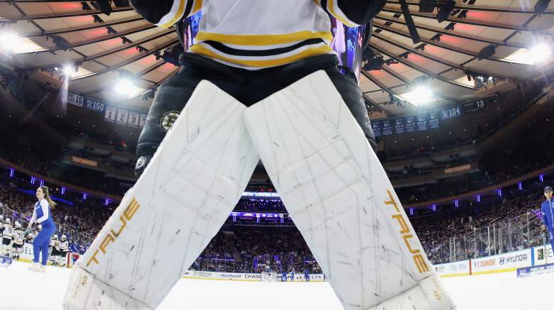 Joonas Korpisalo #70 of the Boston Bruins prepares t play against the New York Rangers at Madison Square Garden on February 05, 2025 in New York City. The Rangers defeated the Bruins 3-2. (