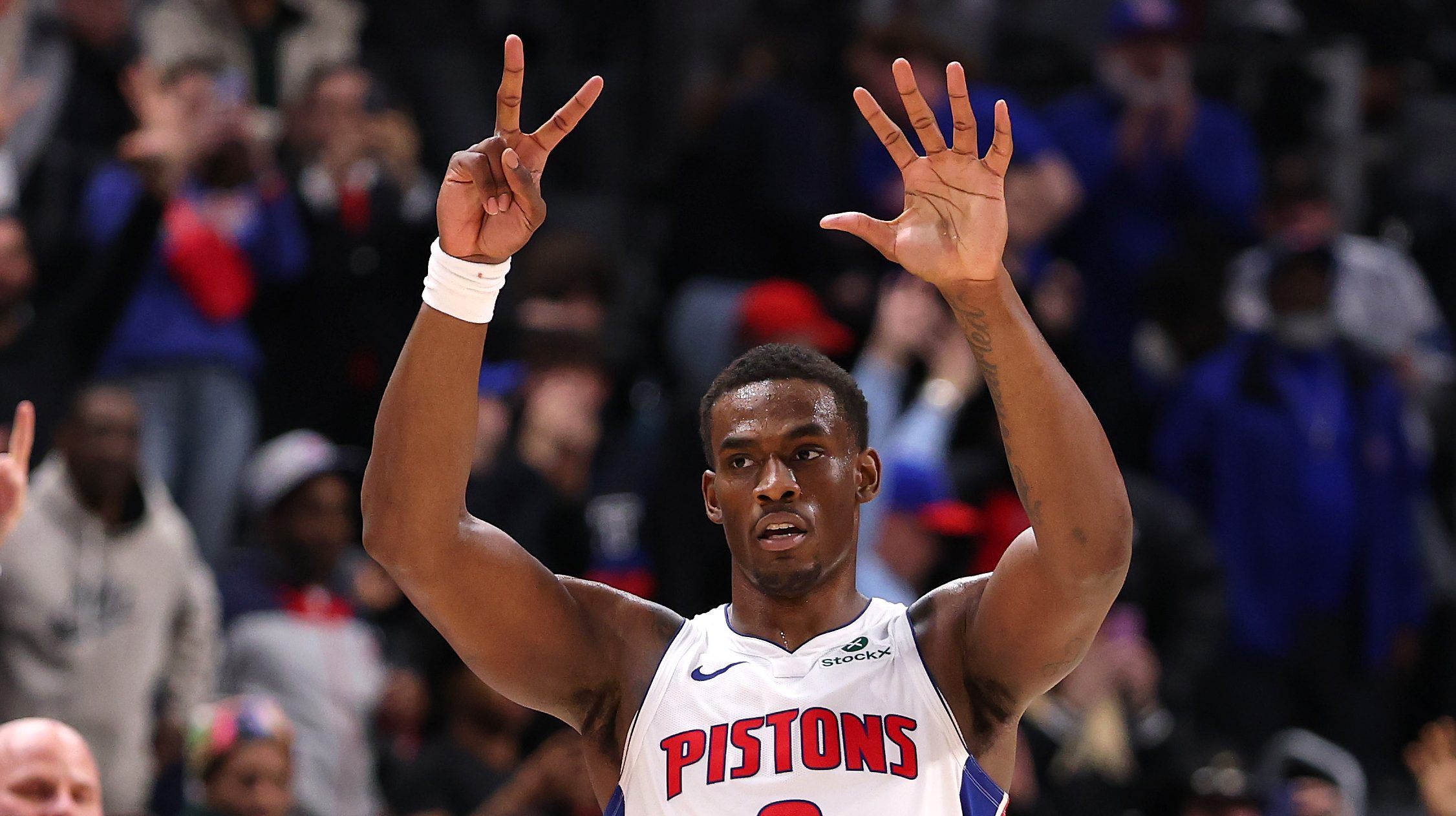 Detroit Pistons center Jalen Duren reacts during an NBA game.