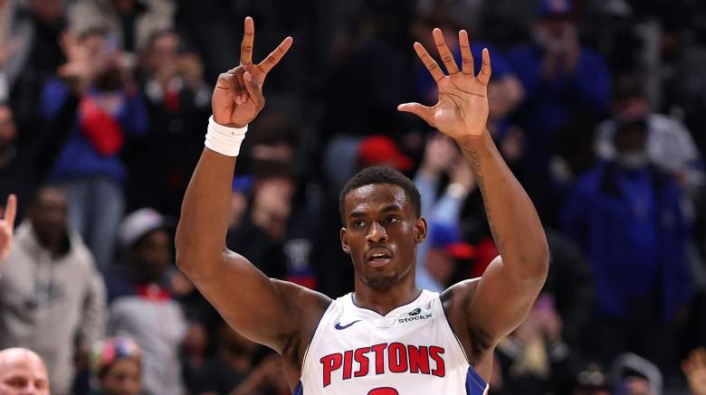 Detroit Pistons center Jalen Duren reacts during an NBA game.