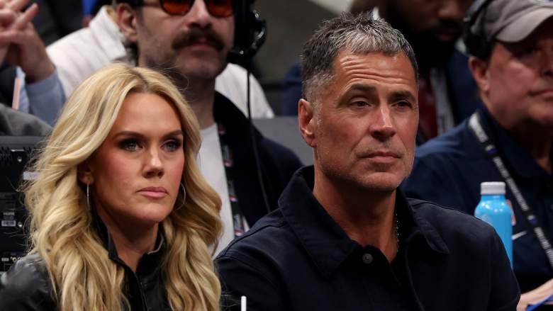 Lakers president of basketball operations Rob Pelinka watches a game from courtside.