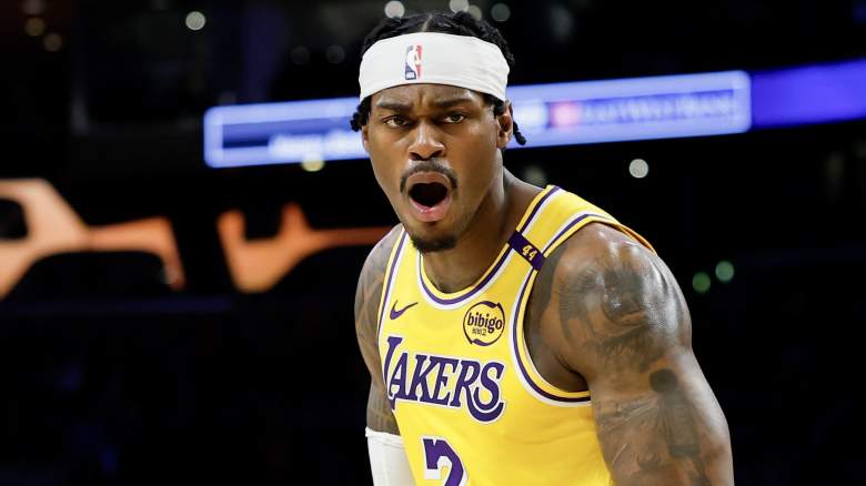 Los Angeles Lakers forward Jarred Vanderbilt reacts during an NBA game as trade speculation continues amid the team's pursuit of Jonathan Kuminga.