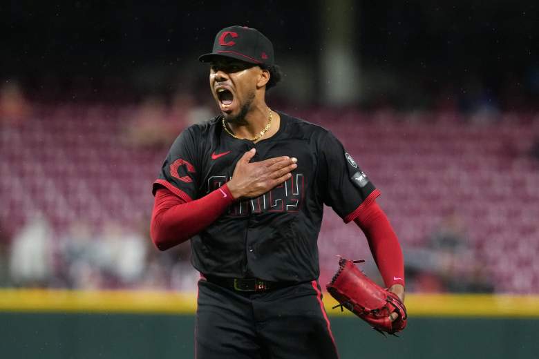 Hunter Greene celebrates on the mound.