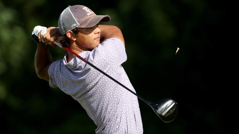 Charlie Woods follows through on a tee shot during the U.S. Junior Amateur Championship.